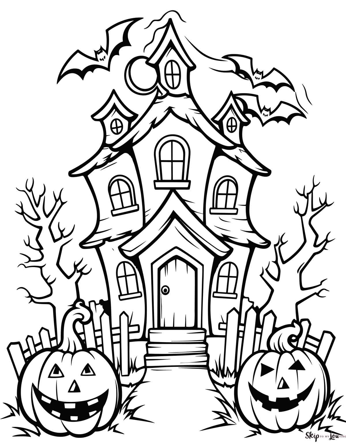spooky haunted house with pumpkins and bats and scary trees
