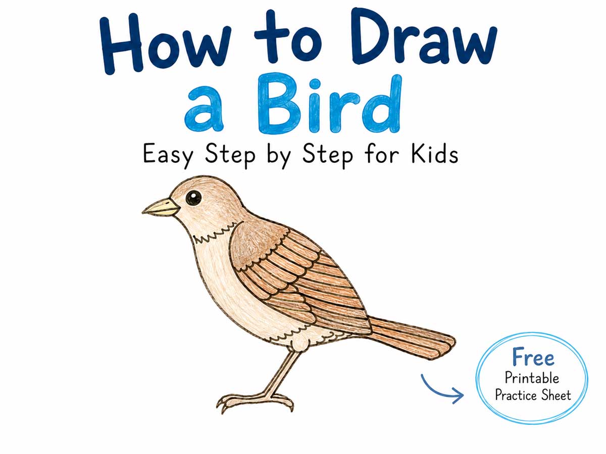 How to draw a bird step by step for kids with a naturally colored pencil bird drawing and free printable practice sheet badge.
