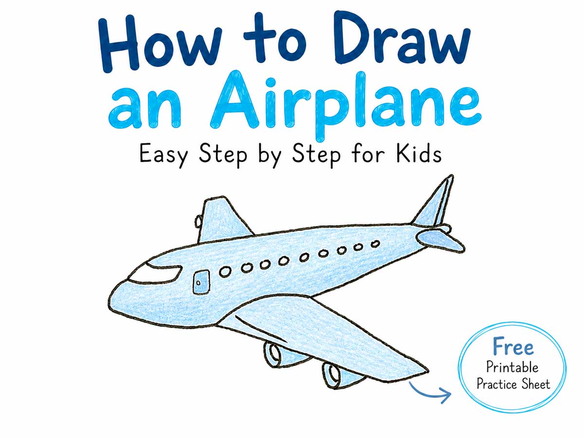 How to draw an airplane step by step for kids with a blue colored-pencil airplane and free printable practice sheet badge.
