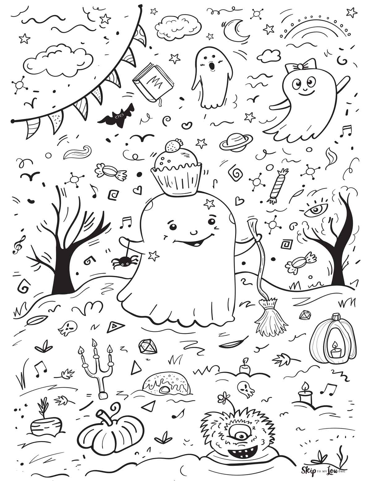 ghost with halloween icons around the edge