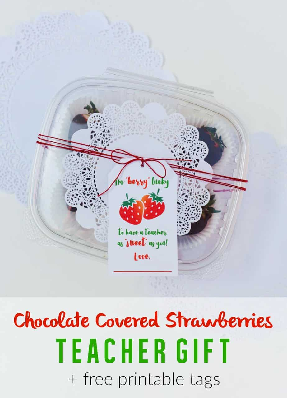 Chocolate covered strawberry teachers gift with printable tags.