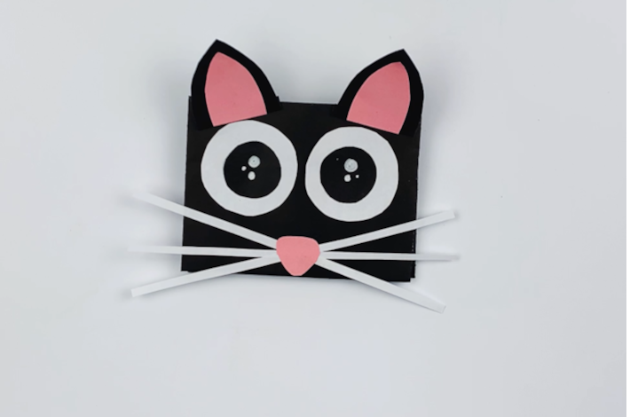 A finished Halloween black cat hand puppet.