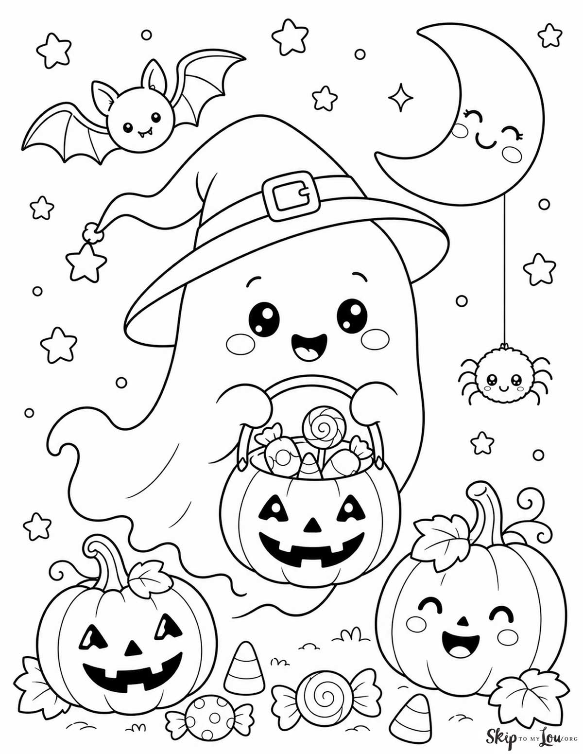 Cute ghost trick-or-treat coloring page with a smiling ghost, pumpkin candy bucket, cute pumpkins, bat, moon, spider, and candy