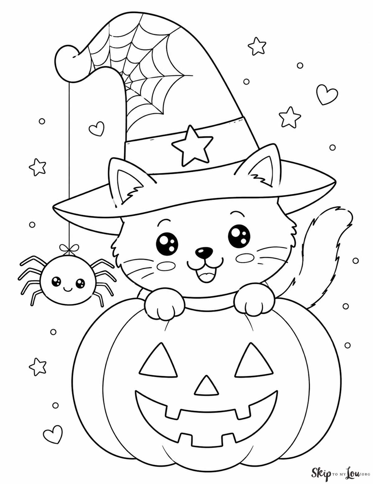 Cute Halloween cat coloring page with a kitten in a jack-oโ-lantern, witch hat, spider, stars, and simple outlines for kids
