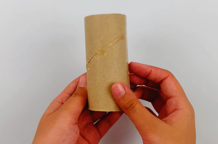 Two hands holding an inner cardboard tube from a toilet roll.