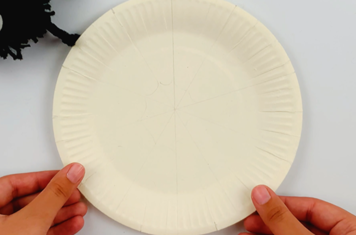 Two hands holding a paper plate with a spider web drawn on it in pencil.