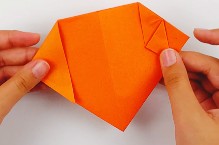 Two hands holding the orange piece of paper with the folds completed on the right-hand side. 