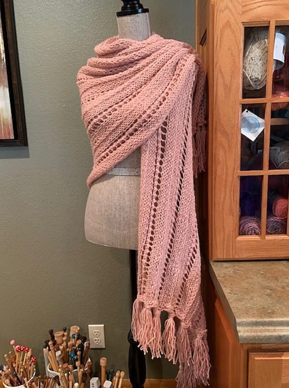 rose knitted prayer shawl with fringe