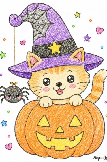cute cat in jack-o-lantern halloween coloring page colored
