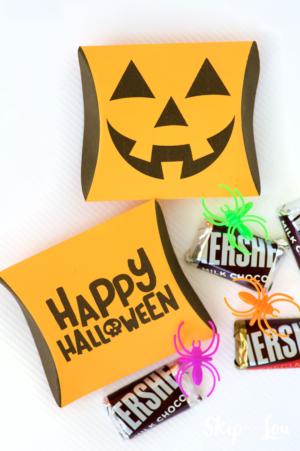 pumpkin pillow box with chocolates and spider rings around the edge