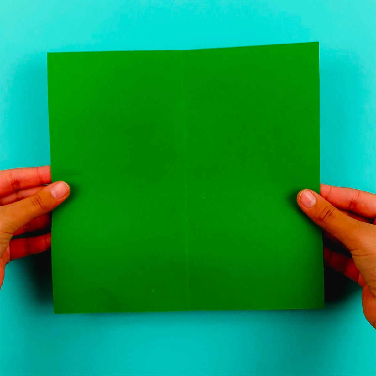Two hands holding a square piece of green paper.