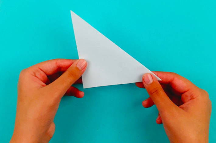 Two hands folding the paper in half to form a triangle. 