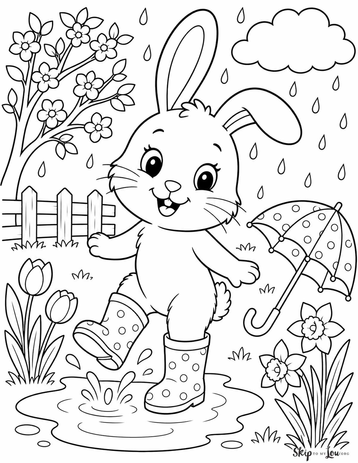 Cute bunny in rain boots splashing in puddles coloring page