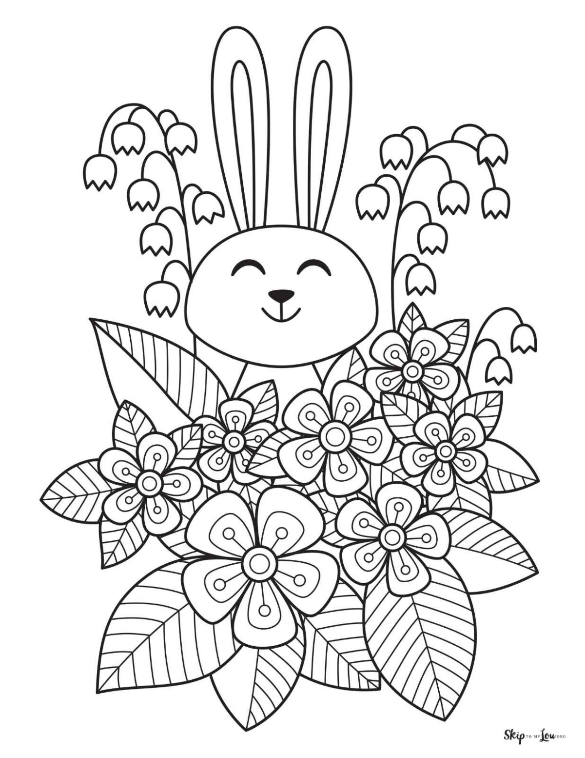 rabbit with flowers and leaves coloring page