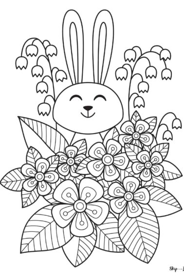 rabbit with flowers and leaves coloring page