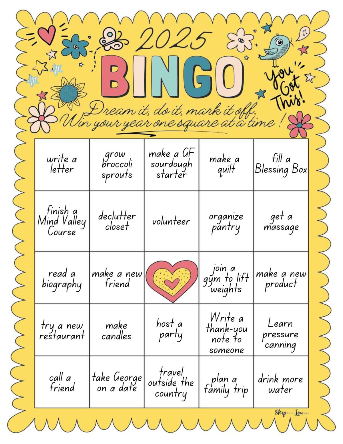 goals bingo card filled out and colored