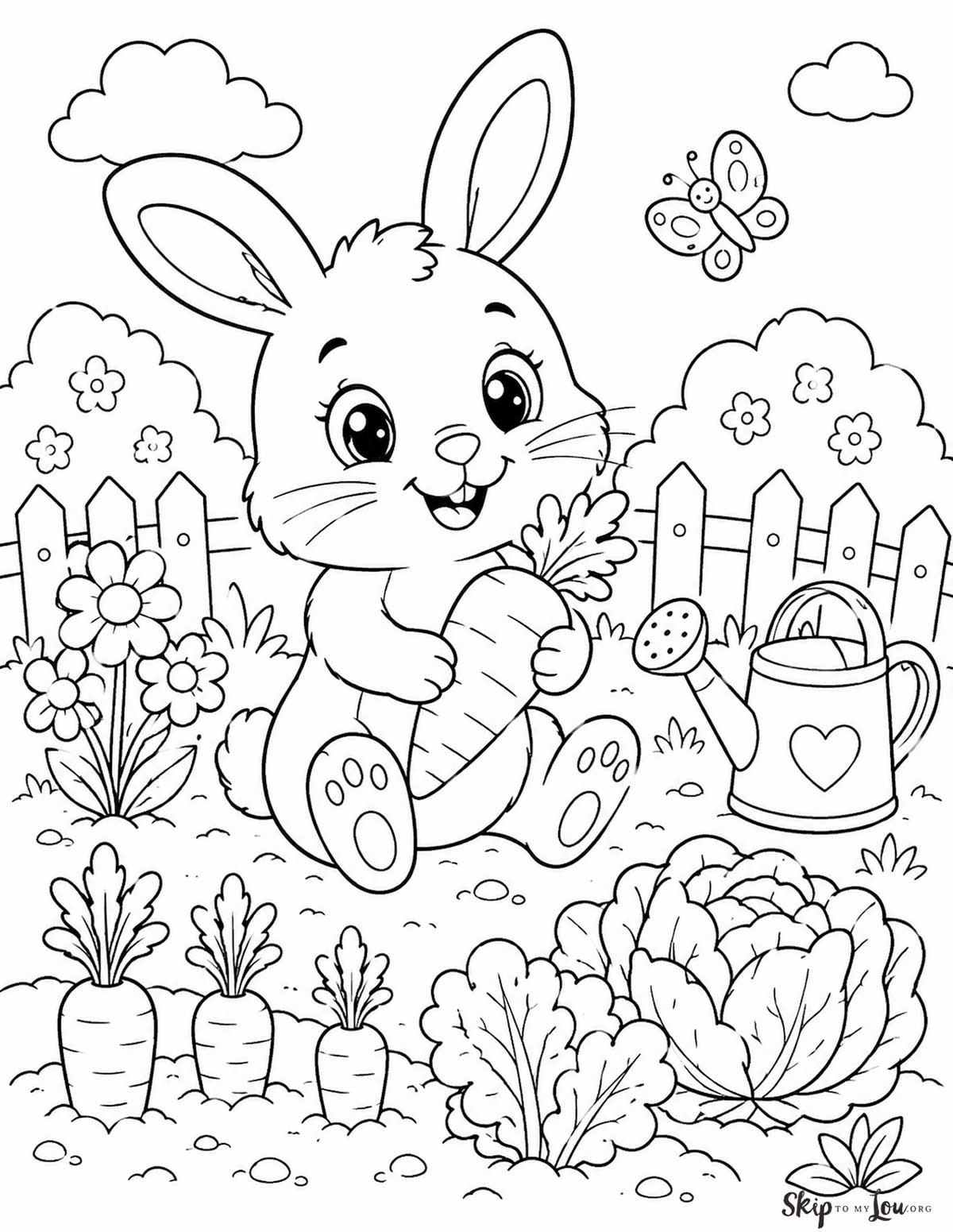 bunny in a garden with carrots, lettuce and watering can