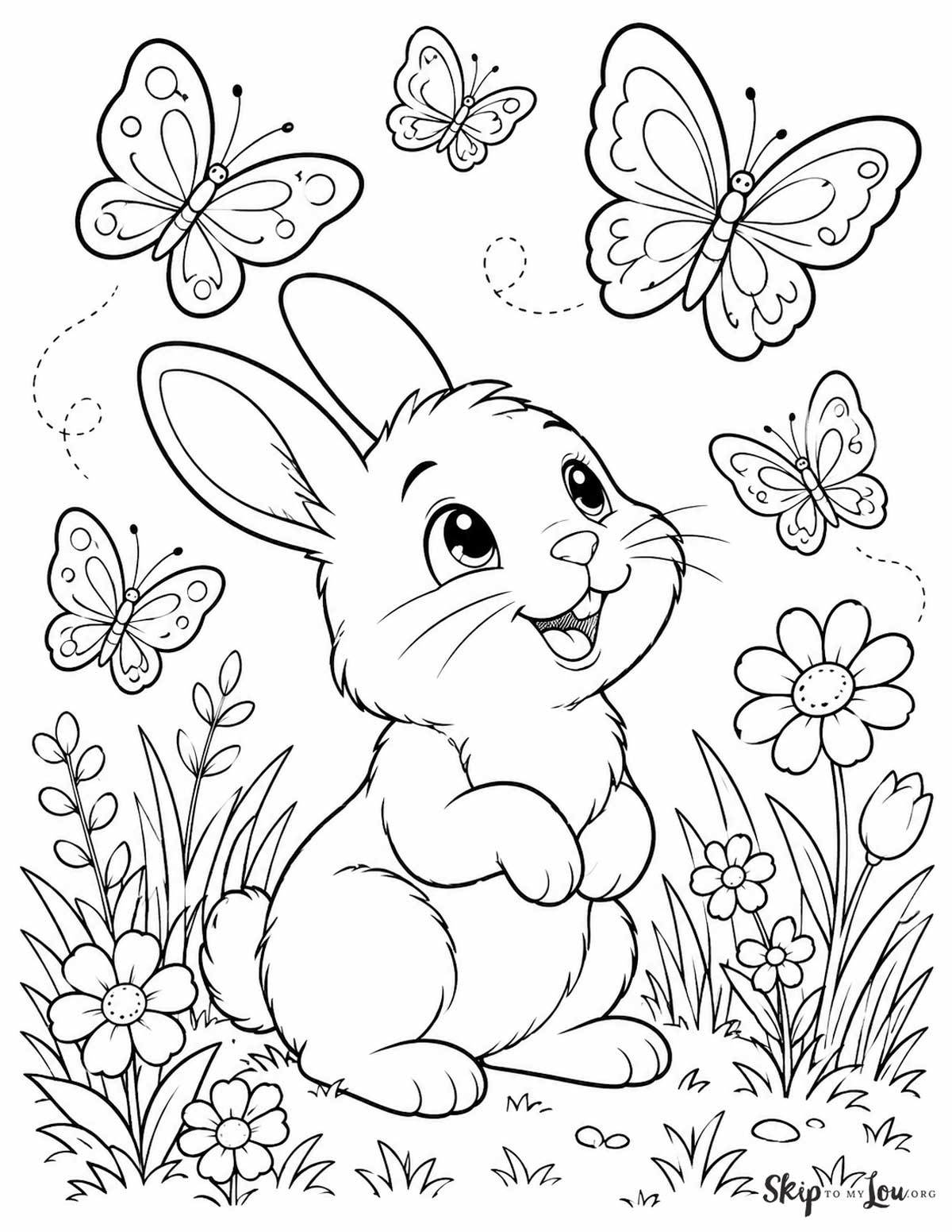 cute bunny standing in flowers looking at butterflies