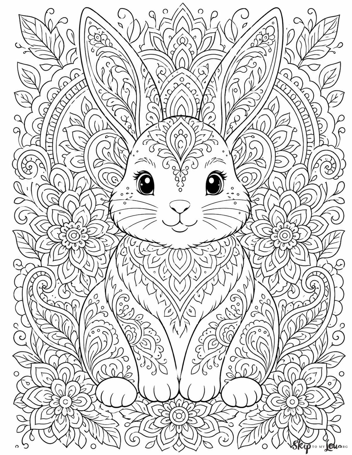 detailed flower motif bunny coloring page