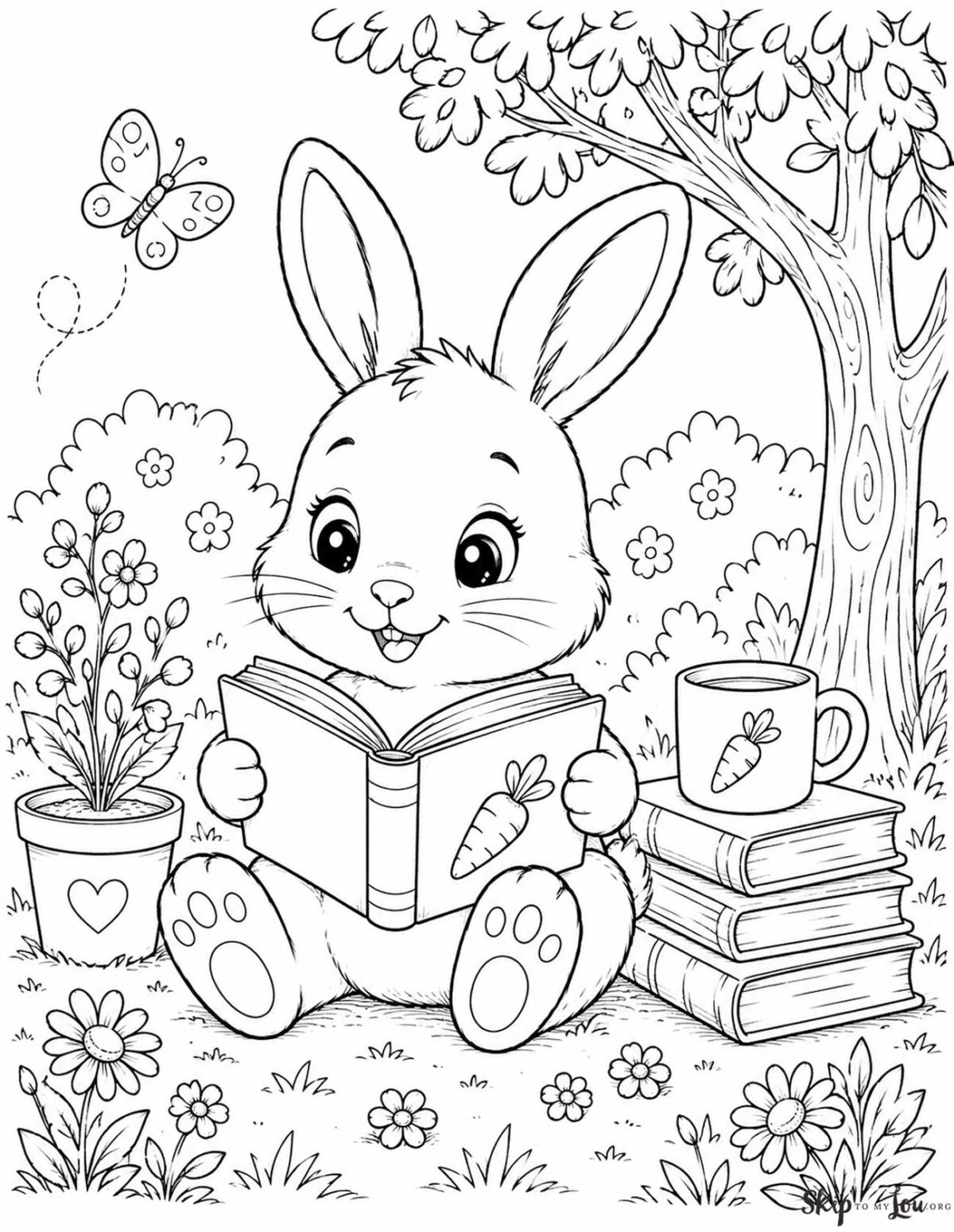 bunny reading a book outside with trees and a stack of book
