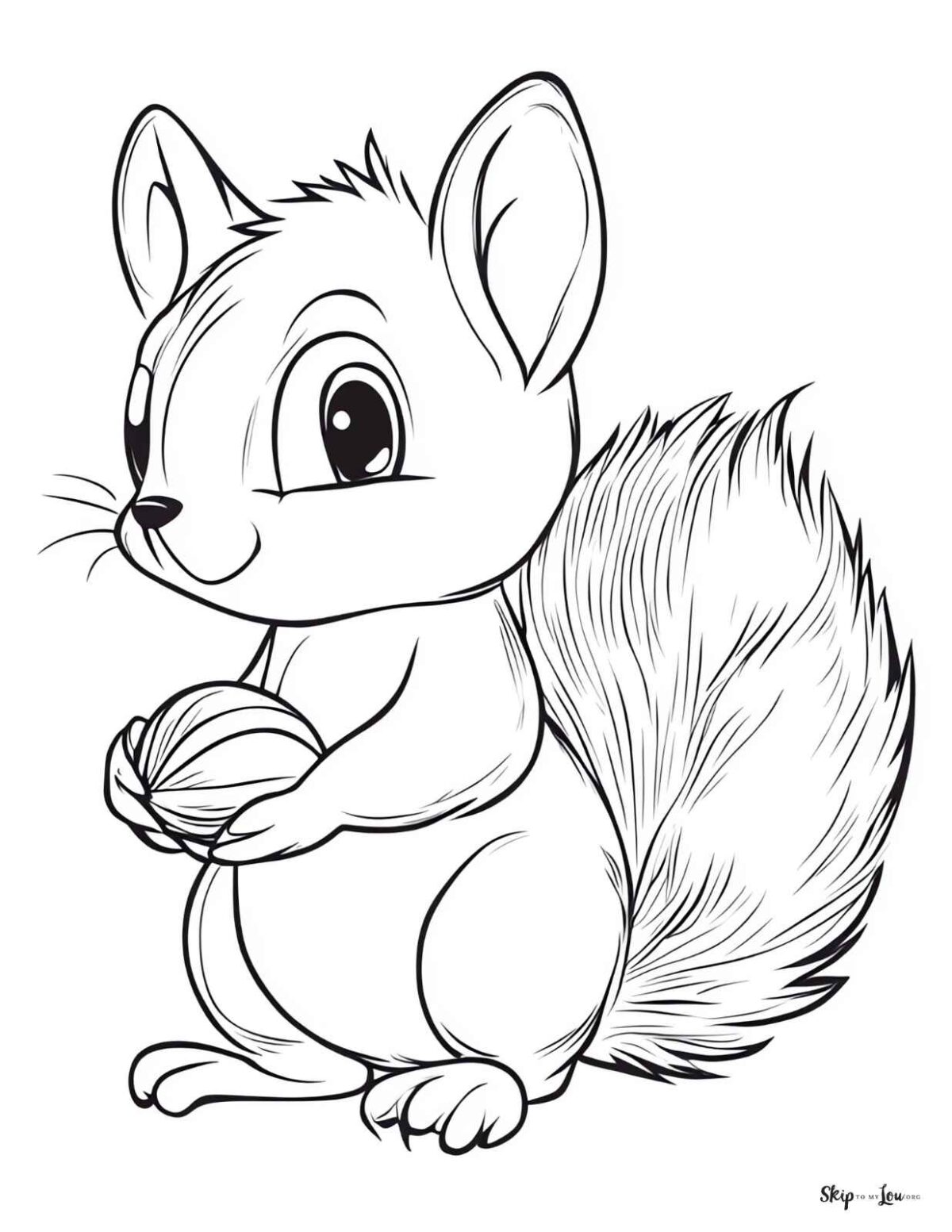 cartoon squirrel holding nut coloring page