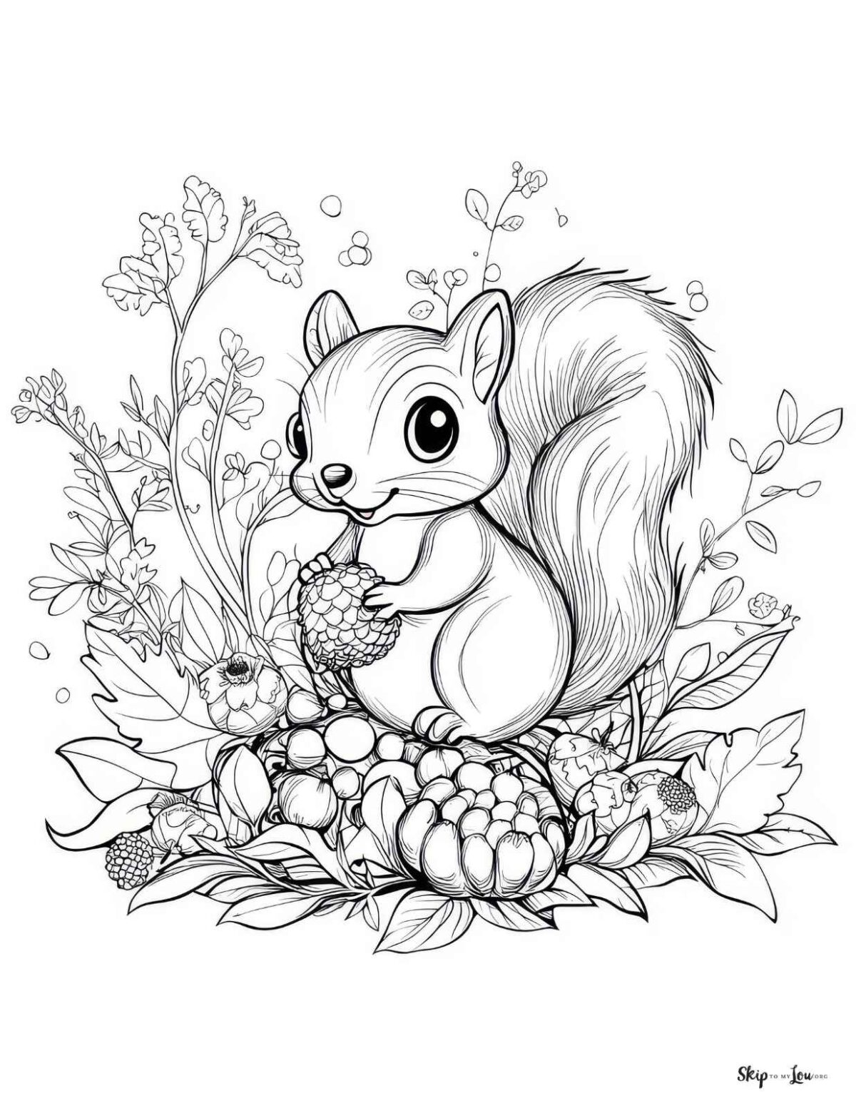 cute squirrel with nuts flowers nature