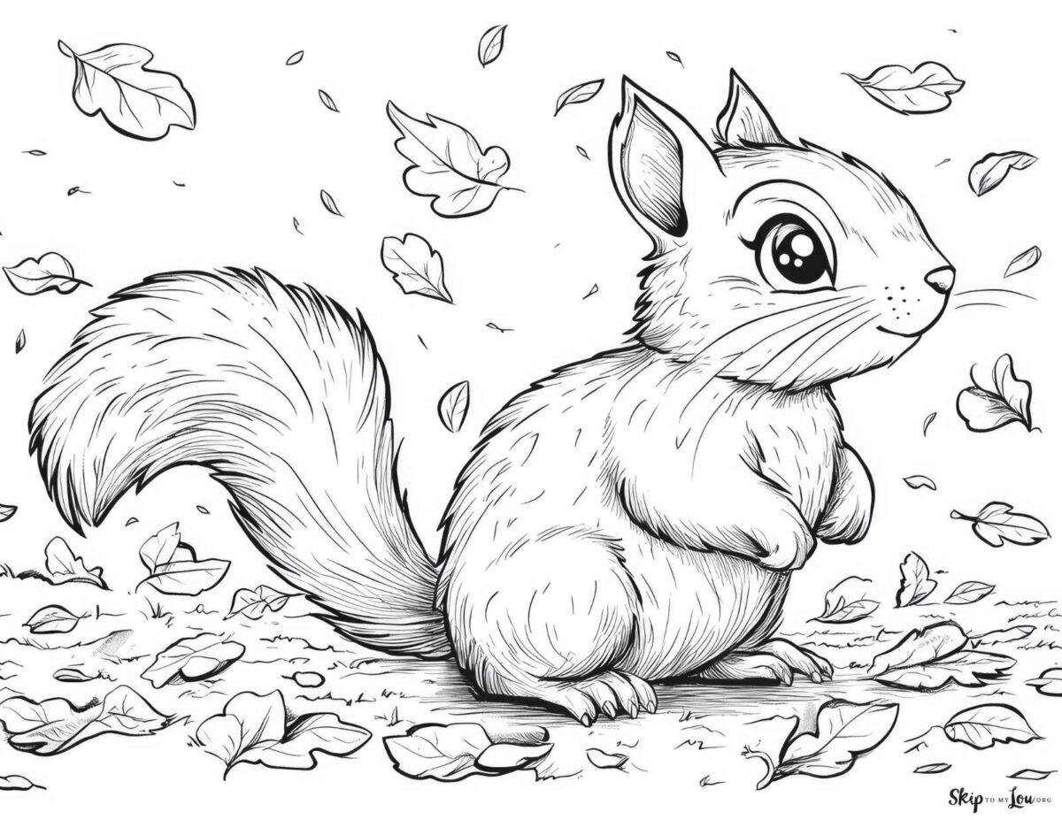 cute squirrel with blowing leaves