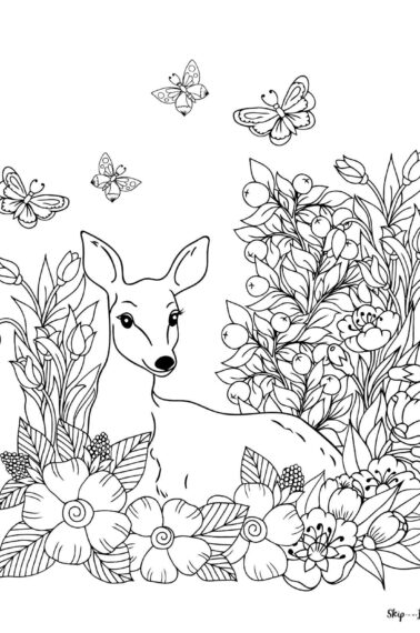doe sitting in flowers coloring page