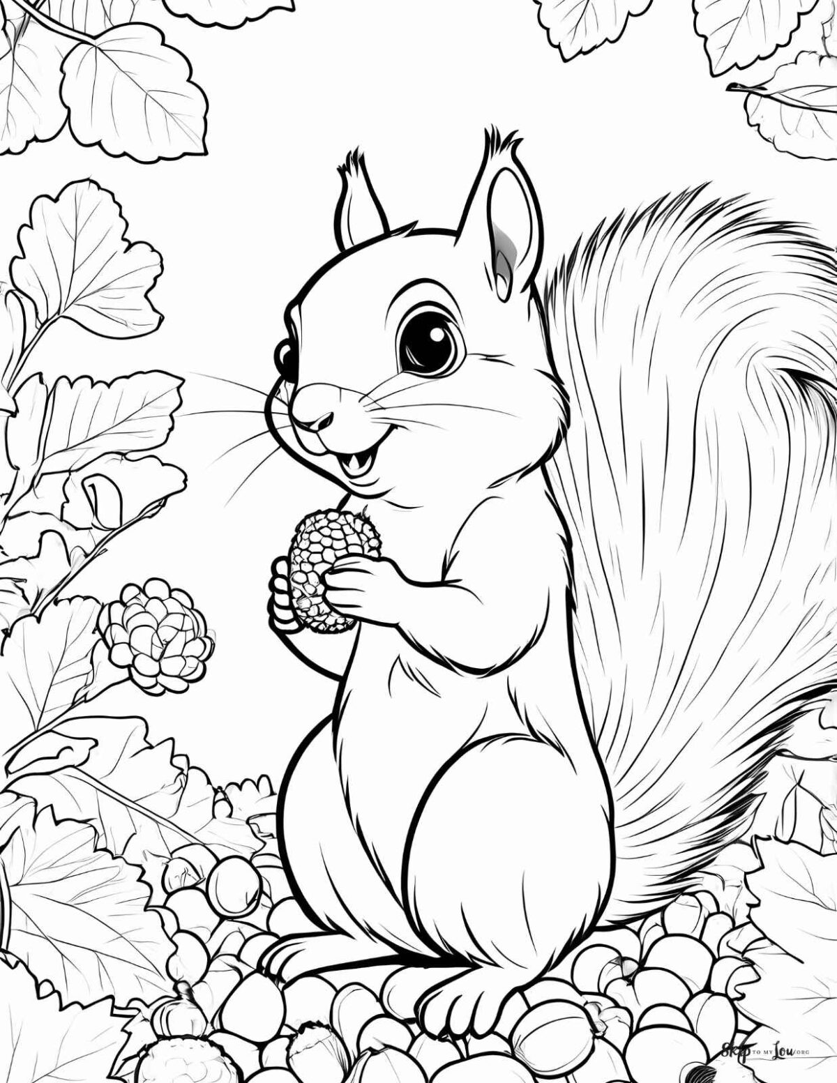 squirrel with nuts and fall leaves coloring page