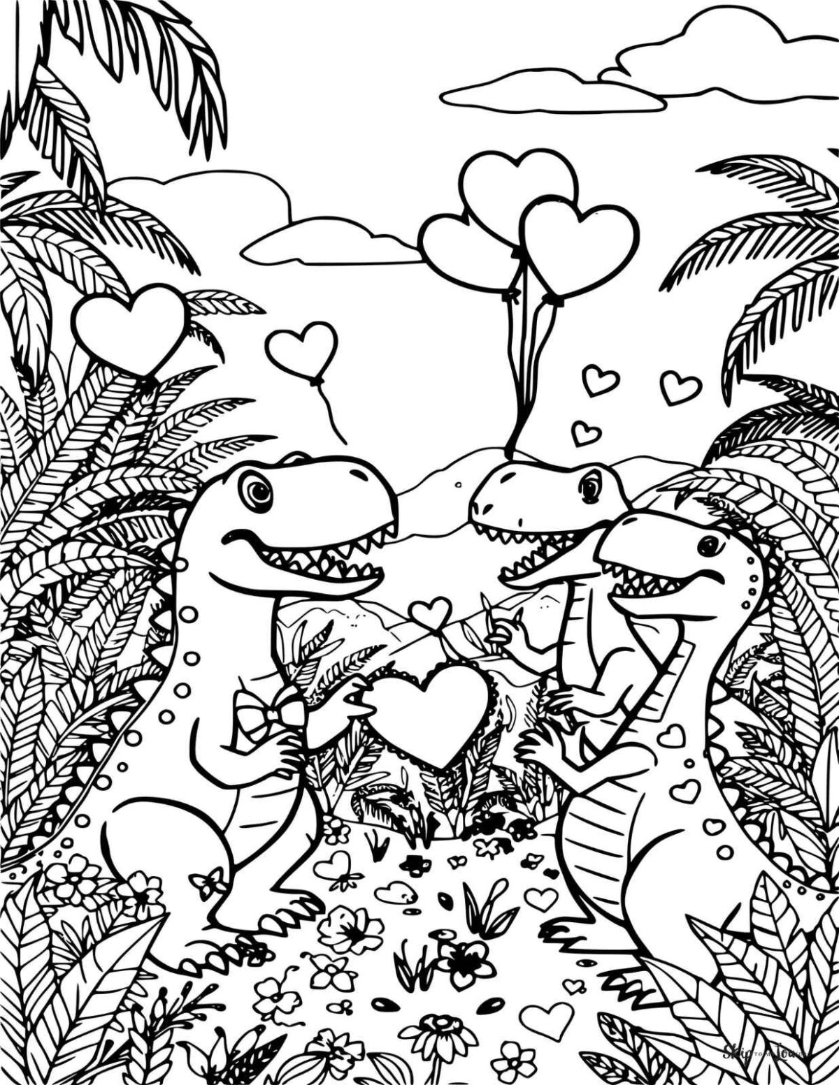 happy dinosaurs in the forest with hearts