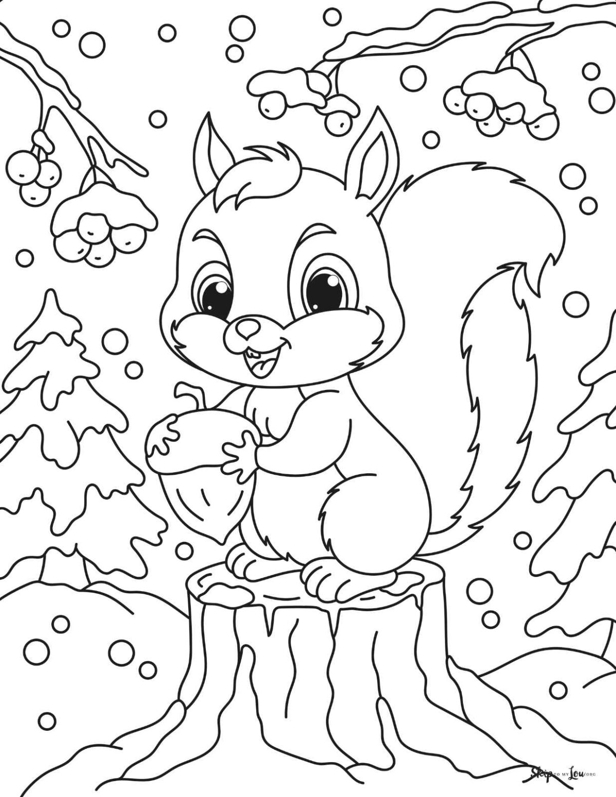 squirrel with snow and pine trees
