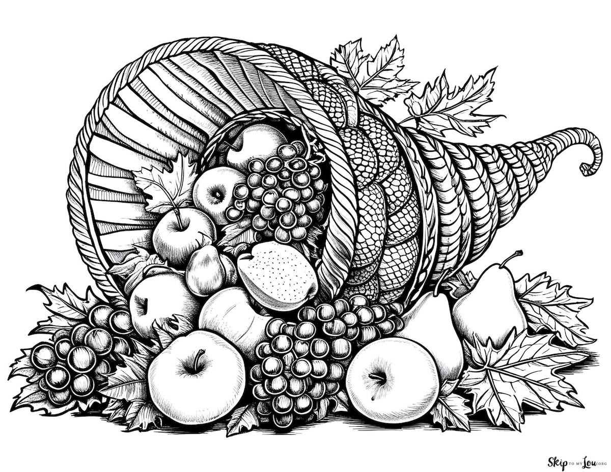 beautiful detailed cornucopia with fruit and leaves