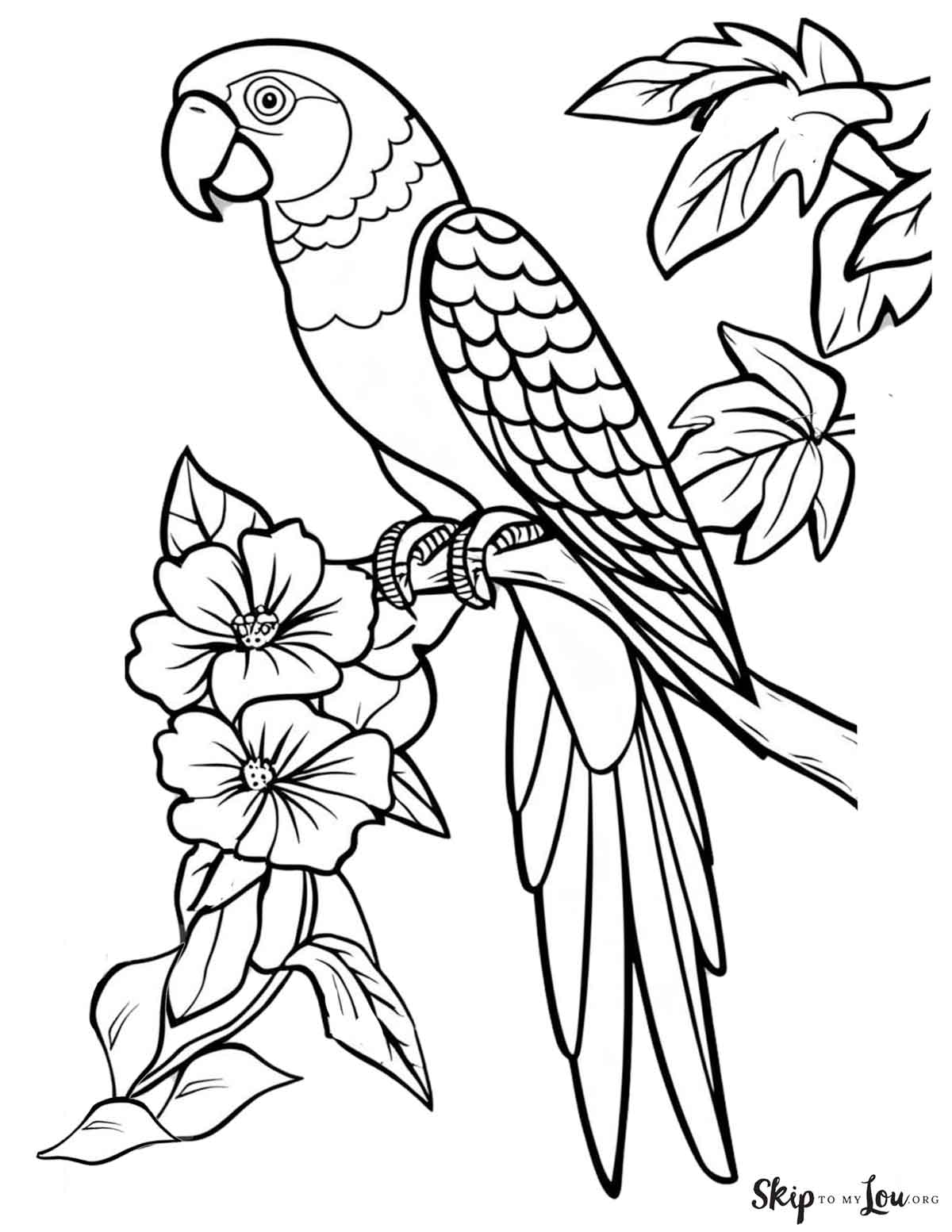 parrot on branch with flowers