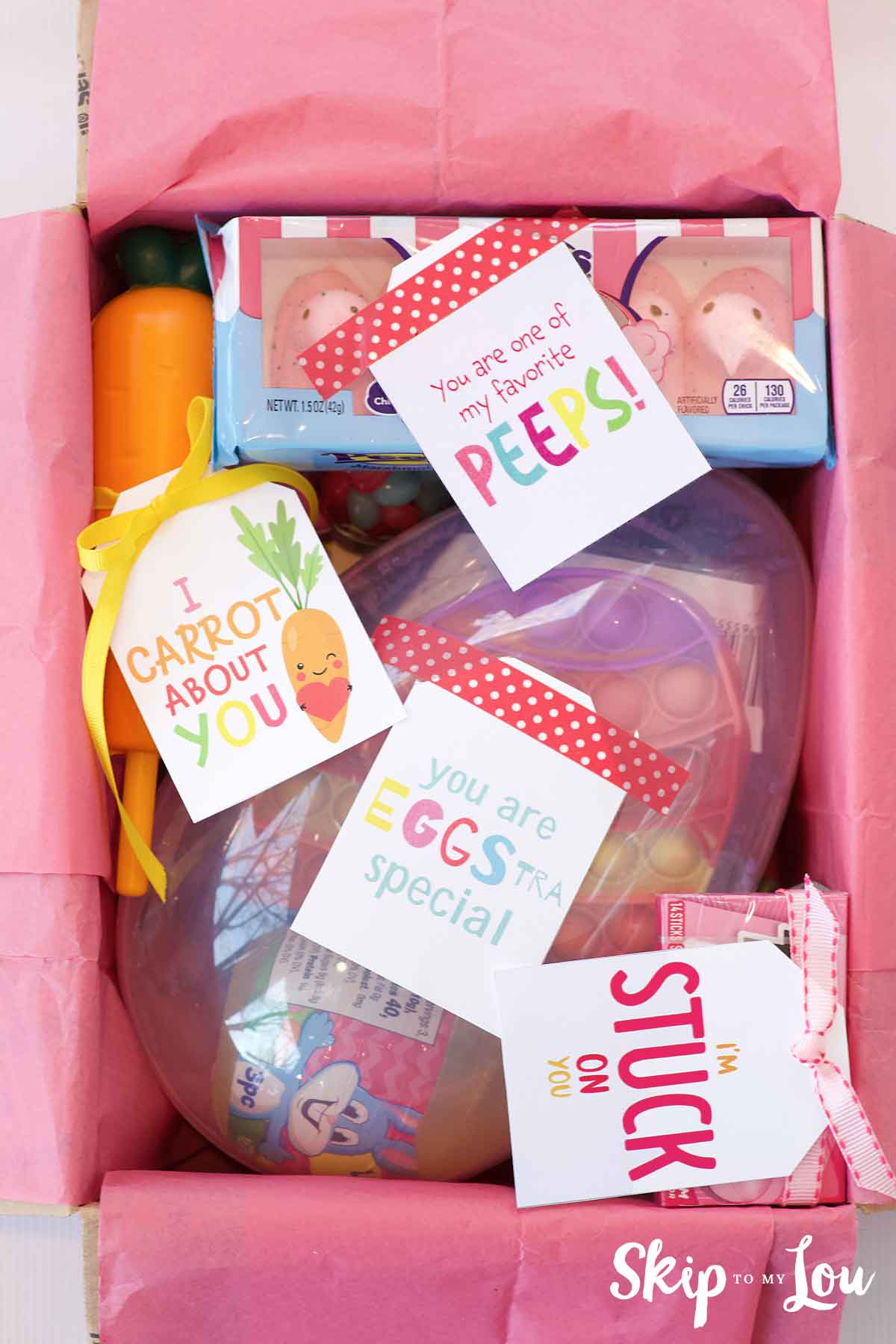 boxe filled with candy and cute tags for Easter package