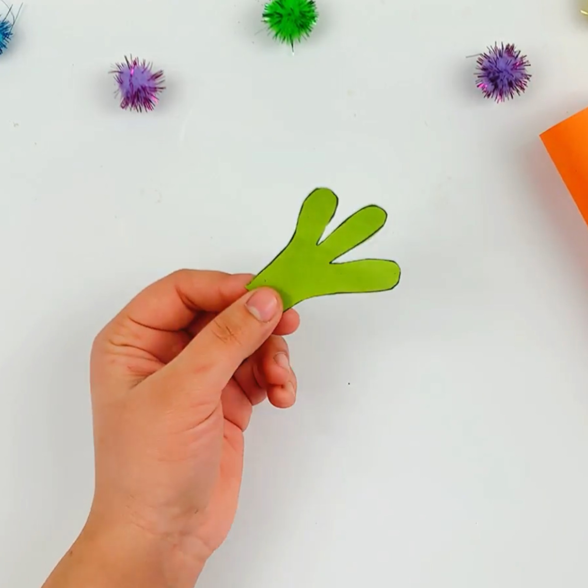 Two hands holding the top section of the carrot after cutting it out using a pair of scissors.