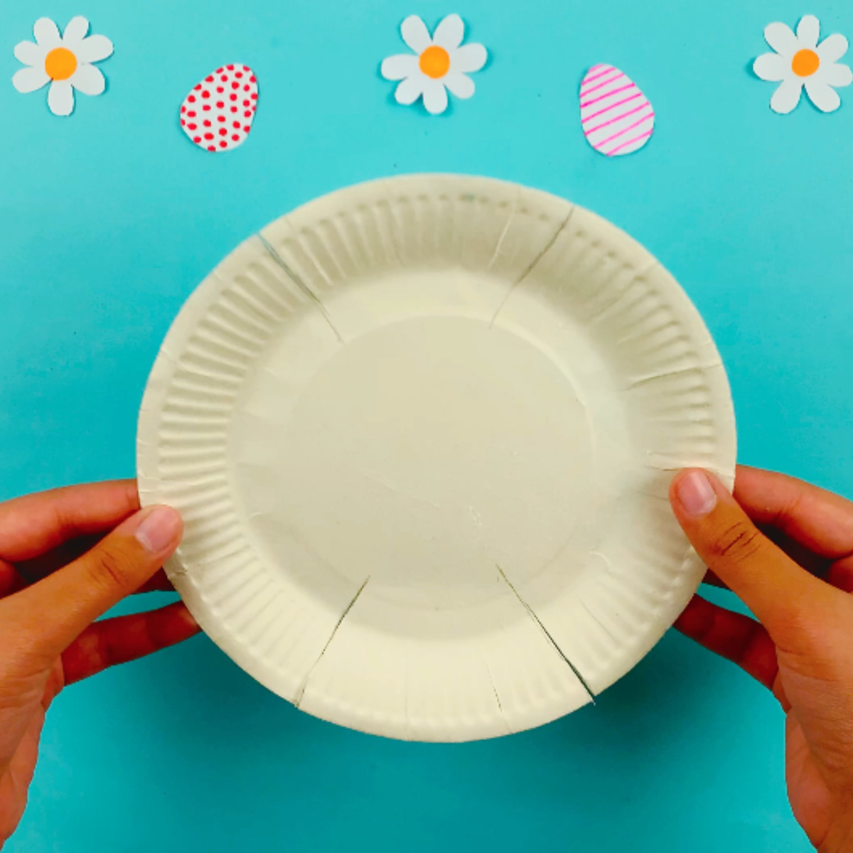 Two hands using a pair of scissors to cut along the pencil lines at the top and bottom of the plate.