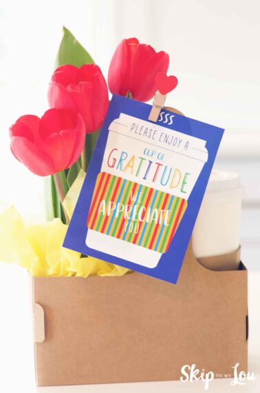 cup of gratitude teacher gift flowers and coffee in take out drink holder