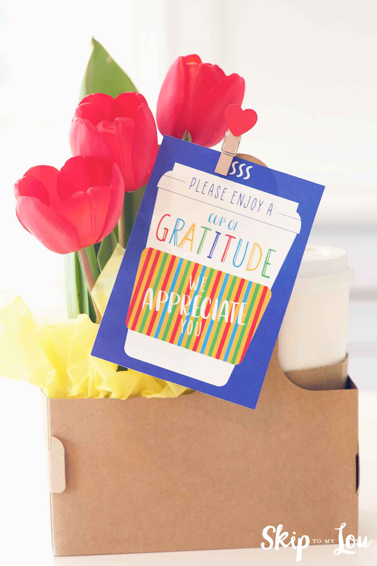 cup of gratitude teacher gift flowers and coffee in take out drink holder