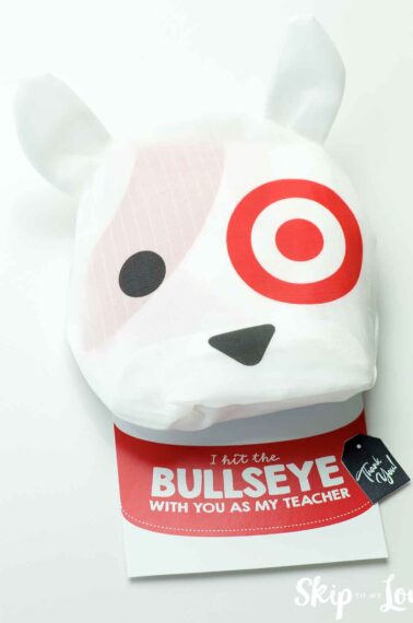 I hit the bullseye with you as my teacher free printable attached to target bullseye dog reuseable shopping tote