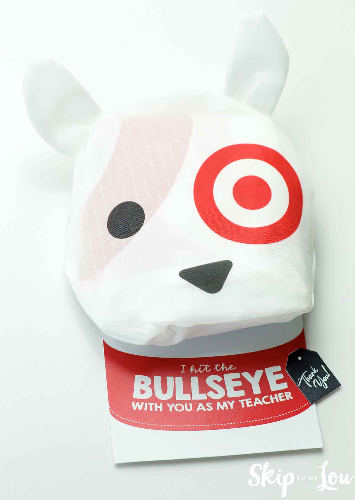 I hit the bullseye with you as my teacher free printable attached to target bullseye dog reuseable shopping tote