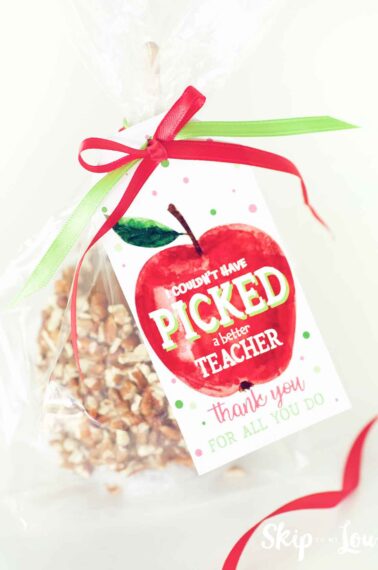caramel apple wrapped up with gift tag that says I couldn't have picked a better teacher