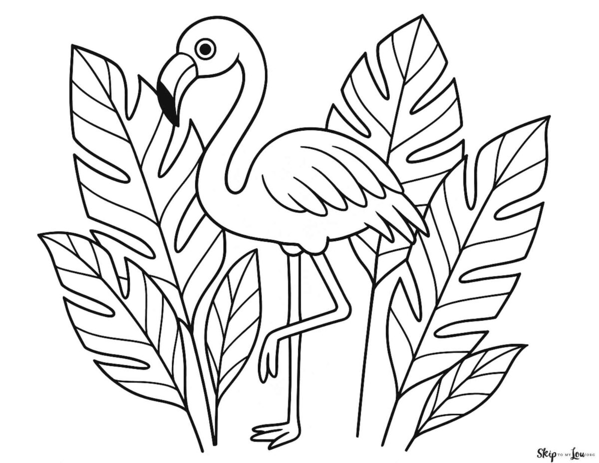 flamingo with palm leaves