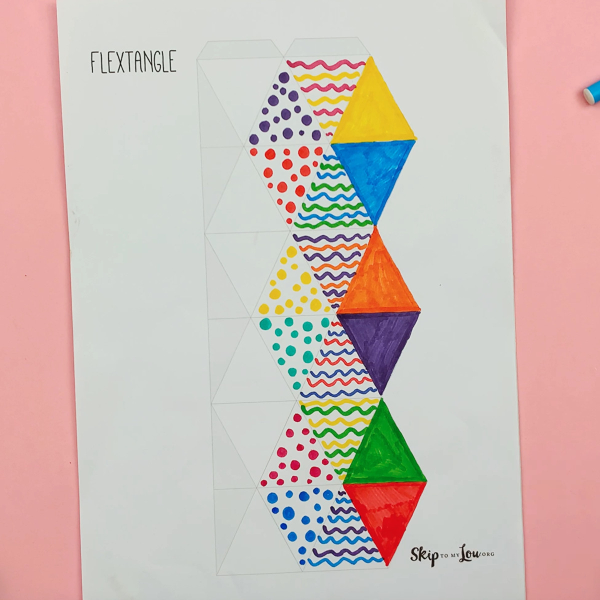 The flexitangle template colored in with bright colors.
