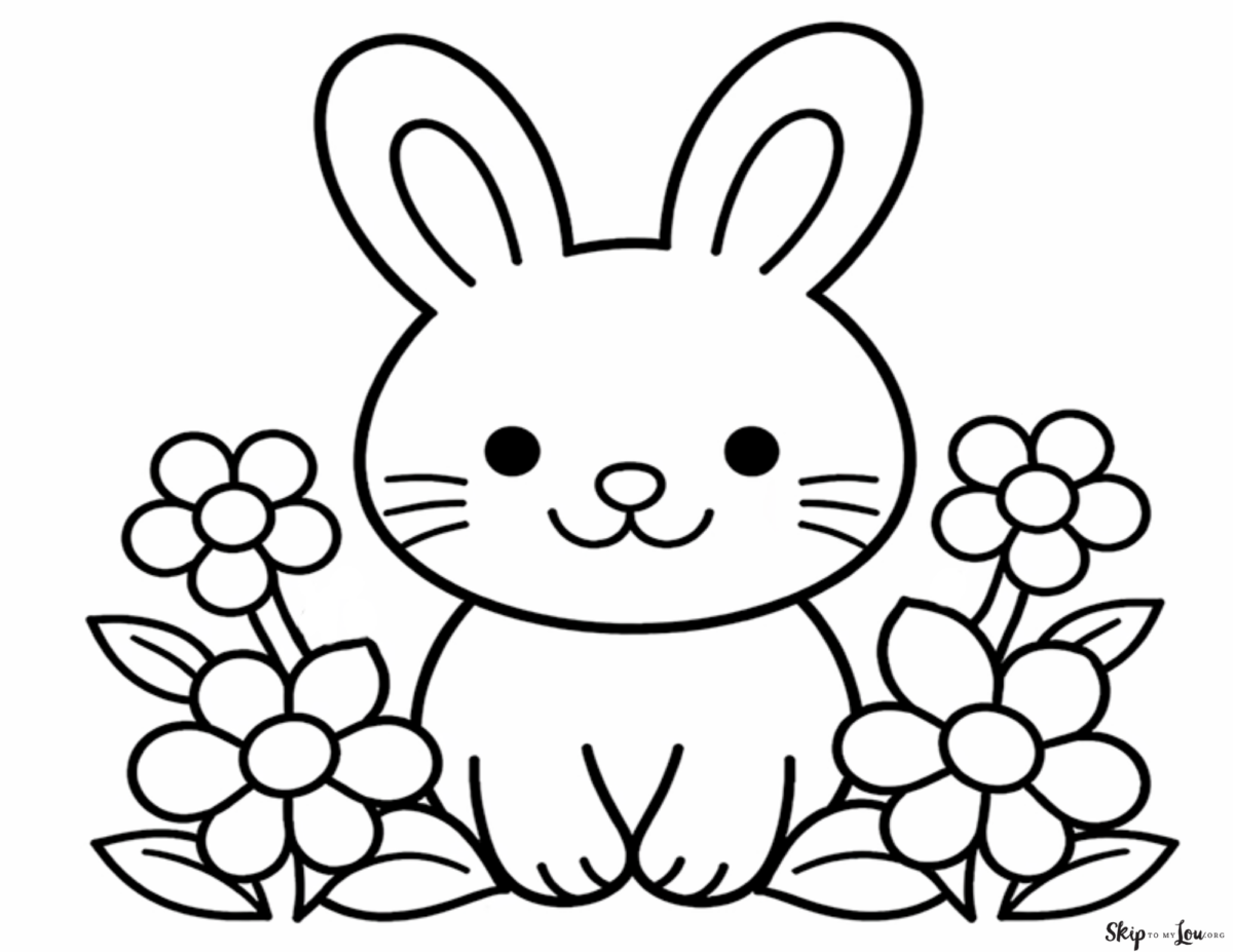 easy bunny coloring page with flowers for toddlers