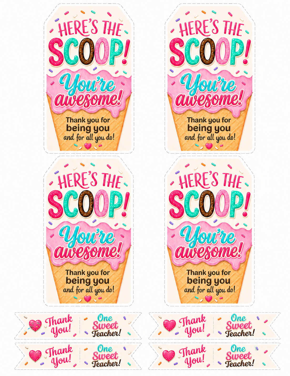 Free printable Here’s the Scoop teacher gift tags