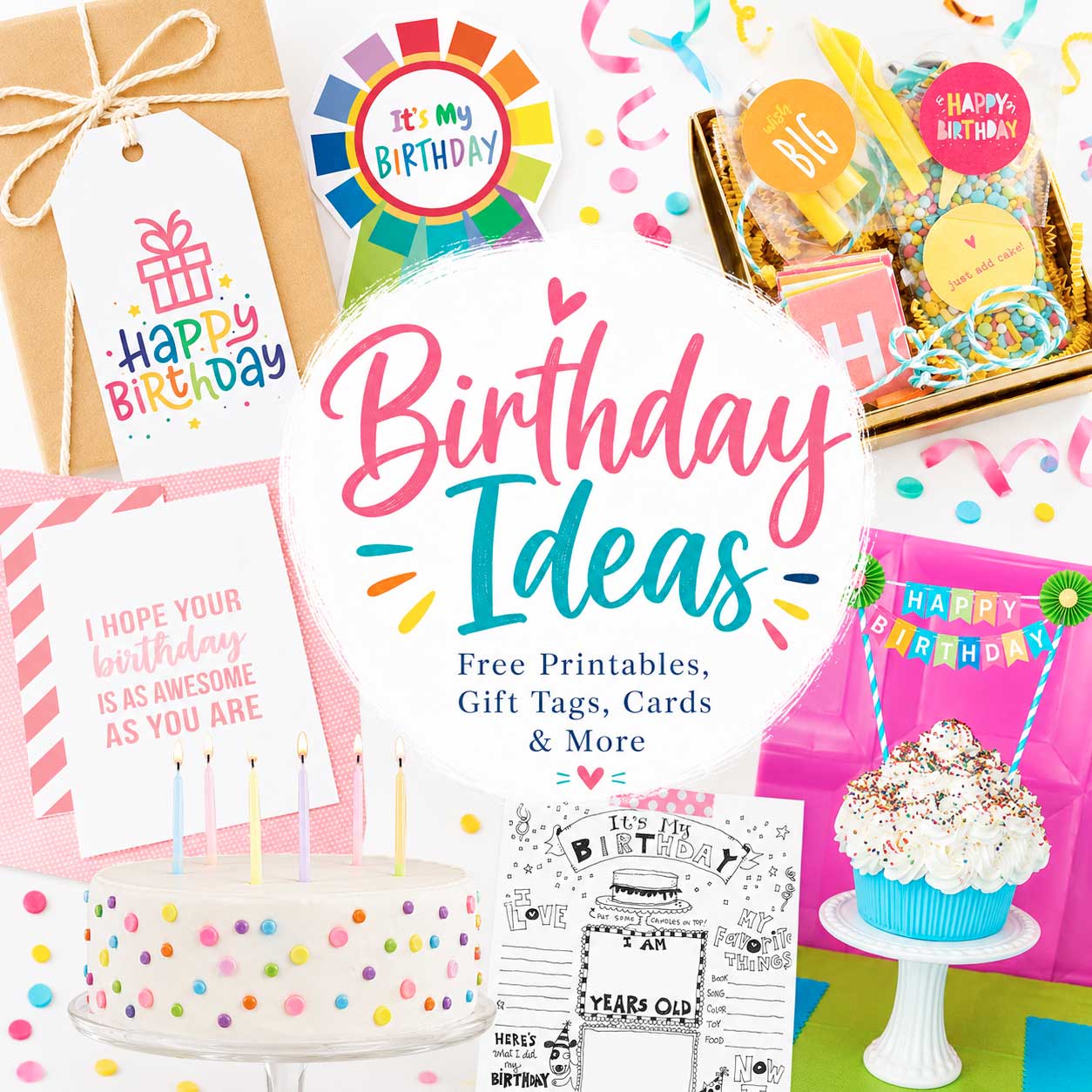 collage of birthday ideas tags, birthday badge , cake topper, birthday care package, birthday coloring page