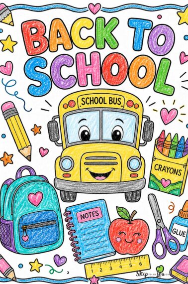 colored back to school coloring page with school bus and school supplies