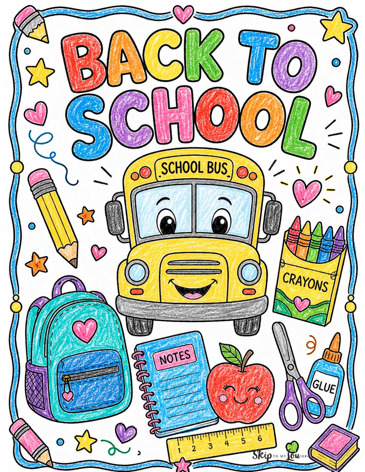 colored back to school coloring page with school bus and school supplies