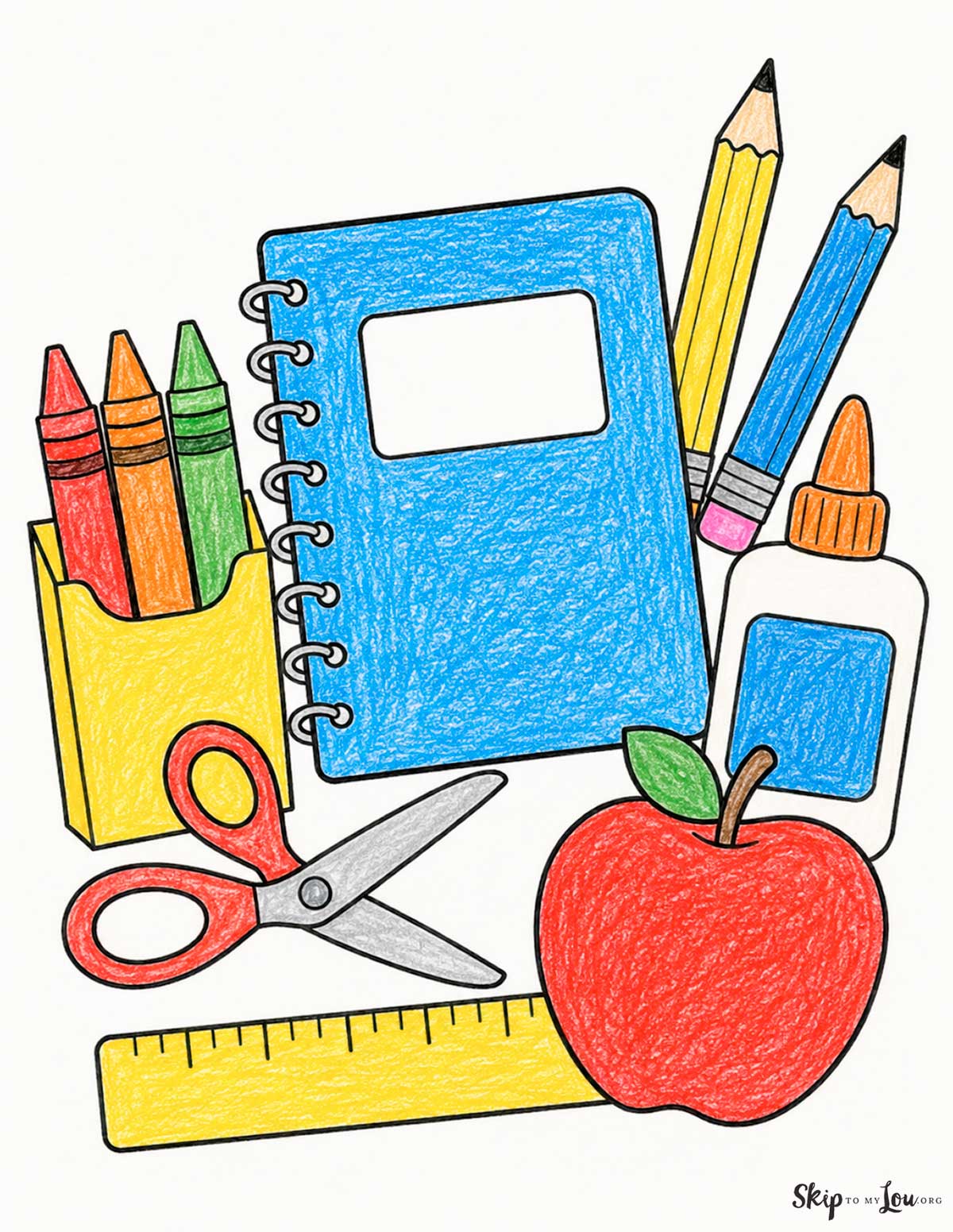 colored school supplies coloring page