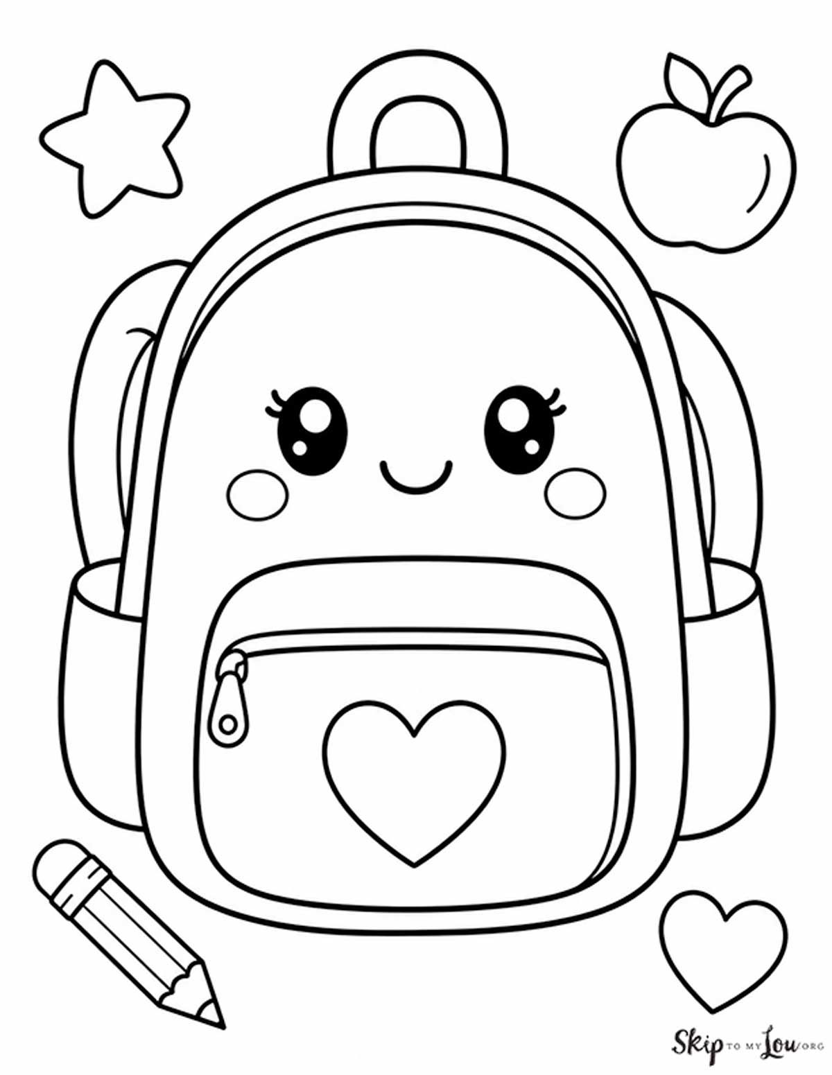 cute Backpack coloring page filled with pencils, crayons, scissors, ruler, glue, notebook, and apple for back to school.